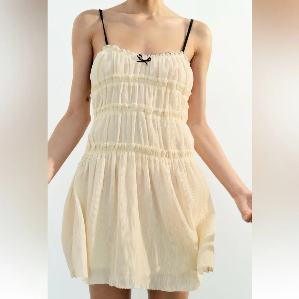 ZARA LITTLE BOW BLACK TEXTURED DRESS - Picture 9 of 16